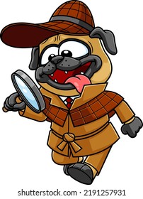 Detective Pug Dog Cartoon Character Looking For Items With A Magnifying Glass. Vector Hand Drawn Illustration Isolated On Transparent Background