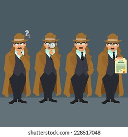 Detective in a raincoat and hat. strict police in civilian clothes. character. vector illustration of a flat style.