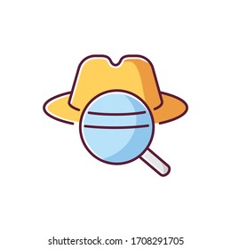 Detective RGB Color Icon. Traditional Movie Genre, Classic Noir Film. Murder Mystery, Crime Investigation. Felt Hat And Magnifying Glass Isolated Vector Illustration