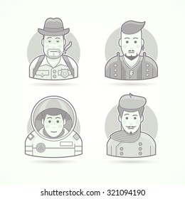 Detective, rock star, astronaut, artist icons. Set of character portrait vector illustrations. Flat black and white outlined style.