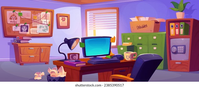 Detective room interior with furniture and equipment - desk with pc and chair, investigation map on pin board on wall, rack with archive documents and safe box. Cartoon police office and crime bureau.