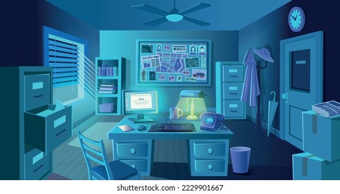 Sala de detectives por la noche. Oficina policial con tablero de pruebas. Sala de investigación con escritorio, tablero con evidencia, computadora, teléfono retro y estante. Ilustración vectorial al estilo de las caricaturas.