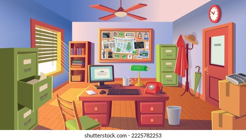 Detective room. Police office with evidence board. Investigations room with desk, board with evidence, computer, retro phone and shelf. Vector illustration in cartoon style.