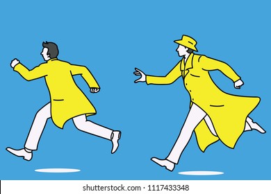 Detective running and chasing a man who try to run away. Outline, linear, thin line art, doodle, cartoon, hand drawn sketch design. 