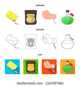The detective s badge, the handcuff on the criminal s hand, the stump of the finger in the bag, the flask with the poison. Crime and detective set collection icons in cartoon,outline,flat style vector