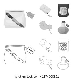 The detective s badge, the handcuff on the criminal s hand, the stump of the finger in the bag, the flask with the poison. Crime and detective set collection icons in outline,monochrome style vector