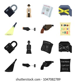 The detective s flashlight illuminates the footprint, the criminal s hand with the master key, a pistol in the holster, the kidnapper s claim. Crime and detective set collection icons in black,cartoon