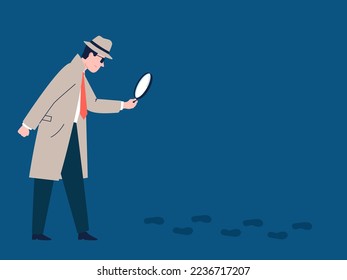 Detective search prints, spy tracking and looking. Private investigate, cartoon agent detect mystery clue. Inspector with magnifying glass recent vector crime scene