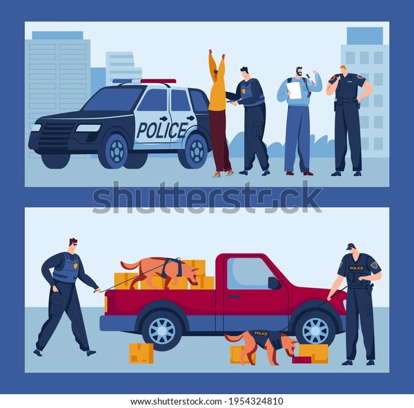 Detective search together dog, car police,\
fingerprint alarm, policeman uses a gun, design, cartoon style\
vector illustration.