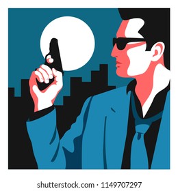 Detective, secret agent, spy, security guard with a gun. Flat vector illustration