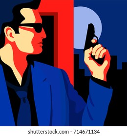 Detective, secret agent, spy, security guard with a gun. Flat vector illustration