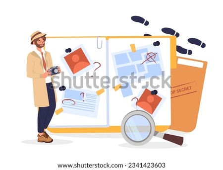 Detective and secret document concept. Man with magnifying glass near folder with information. Police officer investigating crime. Young guy with evidence. Cartoon flat vector illustration