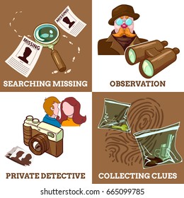 Detective service compositions with private eye search for missing observations and collecting clues isolated vector illustration
