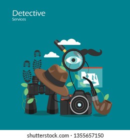 Detective services vector flat style design illustration. Magnifier, hat, binoculars, photo camera, smoking pipe etc. Spy or private investigator equipment and accessories for web banner, website page