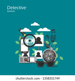 Detective services vector flat style design illustration. Magnifying glass, eye, mobile phone, compass, footprint traces etc. Private investigator equipment, accessories for web banner, website page.