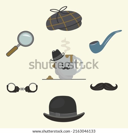 Detective set. Bowler hat, cap, smoking pipe, magnifying glass, detective-sleuth mustache. Gentlemen's set. Isolated vector icons. Private detective accessories, classic Sherlock Holmes paraphernalia.