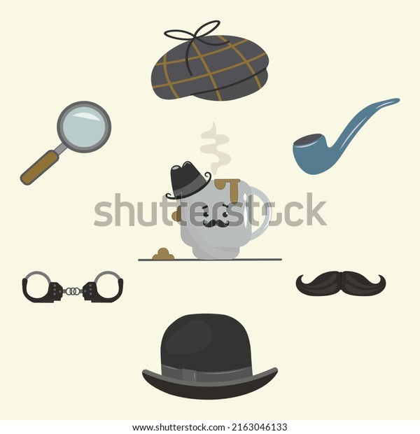 Detective set. Bowler hat, cap, smoking\
pipe, magnifying glass, detective-sleuth mustache. Gentlemen\'s set.\
Isolated vector icons. Private detective accessories, classic\
Sherlock Holmes\
paraphernalia.