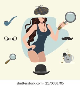  Detective Set. Detective Female Character Design With Equipment. Icon Set Elements: Lady Detective, Hat, Pipe, Coffee Cup, Handcuffs, Magnifying Glass, Mustache. Typographic Design Vector Style.