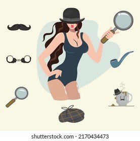 Detective Set. Detective Female Character Design With Equipment. Icon Set Elements: Lady Detective, Bowler Hat, Pipe, Coffee Cup, Handcuffs, Magnifying Glass, Mustache. Vector Typographic Design Style