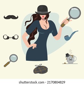 Detective Set. Detective Female Character Design With Equipment. Icon Set Elements: Lady Detective, Bowler Hat, Pipe, Coffee Cup, Handcuffs, Magnifying Glass, Mustache.Vector Illustration, Retro Style