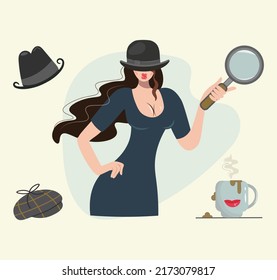 Detektivset. Female Charaktergestaltung mit Ausstattung. Das Mädchen ist ein Detektiv oder ein Spion. Symbolsatz-Elemente: Damenschmelze, Bowlerhut, Kaffeetasse, Lupe. Vektorgrafik, Retro-Stil