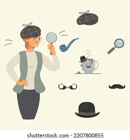 Detektivset. Female Zeichengestaltung mit Outfit-Symbolsatz: Lady Detektiv, Hut, Pfeife, Kaffeetasse, Handschellen, Lupe, Schnurrbart. Vektordesign mit einem älteren Detektiv. Agatha Christie