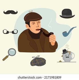 Detective set with Sherlock Holmes. Retro design of a male character with equipment. Icon set elements: male detective, bowler hat, pipe, coffee cup, handcuffs, magnifying glass, mustache. Vector