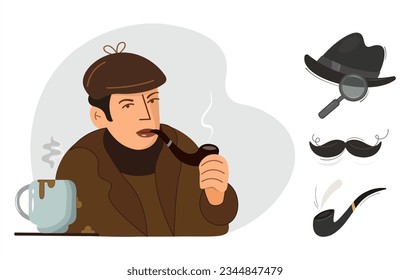 Detective set with Sherlock Holmes. Retro design of a male character with equipment. Icon set elements: male detective, bowler hat, pipe, coffee cup, magnifying glass, mustache. Vector.