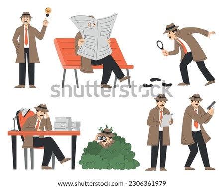 Detective set vector isolated. Illustration of male character investigating crime. Spy in coat with magnifier, professional exploration. Detective with a gun, sitting with newspaper, hiding in bush