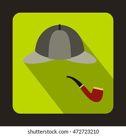 Detective Sherlock Holmes hat and smoking pipe icon in flat style on a green background