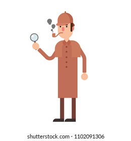 Detective Sherlock Holmes With Magnifying Glass and Smoking Pipe. Flat Illustration