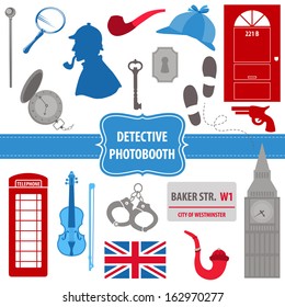 Detective Sherlock Party set - photobooth props - silhouettes, pipes, mask, hat - in vector