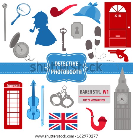 Detective Sherlock Party set - photobooth props - silhouettes, pipes, mask, hat - in vector