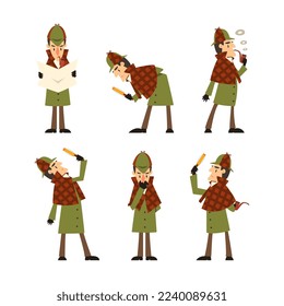 Detective Sherlock with Smoking Pipe and Magnifying Glass Engaged in Different Activity Vector Set