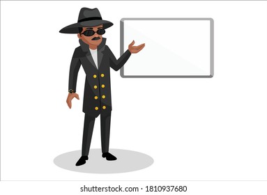 Detective is showing a white board. Vector graphic illustration. Individually on white background.