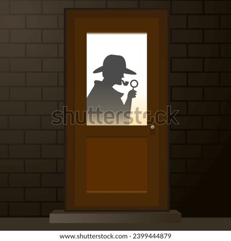 Detective silhouette flat vector illustration. Mysterious design features a trench-coated figure in detective office door, crime scene and investigation. Has a vintage noir vibe, with shadows.