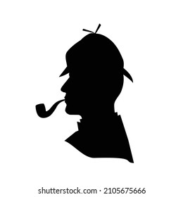 Detective silhouette isolated on white background. Man smoking pipe. Vector stock