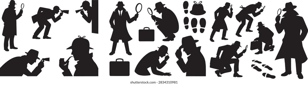 Detective Silhouette Vector Collection – Private Investigator Characters with Magnifying Glass, Spy Poses and Mystery Elements.