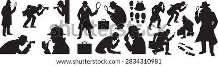 Detective Silhouette Vector Collection – Private Investigator Characters with Magnifying Glass, Spy Poses and Mystery Elements.