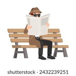 detective sit on the bench and read newspaper while spying