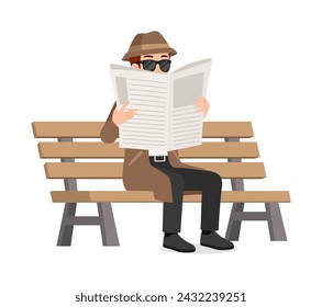 detective sit on the bench and read newspaper while spying