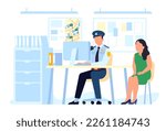 Detective sits at desk and interrogates woman. Police station. Policeman talking with witness. Searching evidences. Patrol office department. Cop interviewing female