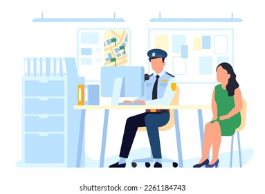 Detective sits at desk and interrogates woman. Police station. Policeman talking with witness. Searching evidences. Patrol office department. Cop interviewing female