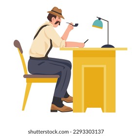 Detective sitting by desk working on case, isolated private investigator smoking pipe and writing papers under lamp. Making research and analyzing events, solving mystery. Vector in flat style