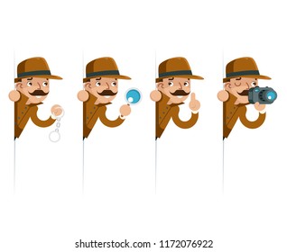 Detective snoop magnifying glass handcuffs whistle look peeking out of corner cartoon flat design vector illustration