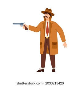 Detective o espía en el abrigo y el punteo con arma, ilustración plana del vector de dibujos animados aislada en fondo blanco. Armado con detective de pistolas atrapando a criminal.