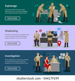 Detective spy horizontal banners with agents in various professional situations in flat style vector illustration