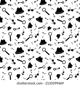 Detective, spy, mafia seamless pattern. Black items on white background. Monochrome illustration.