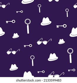 Detective, spy, mafia seamless pattern. White items on purple background. Monochrome illustration.