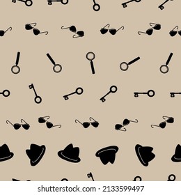 Detective, spy, mafia seamless pattern. Black items in a row on beige background. Striped pattern.